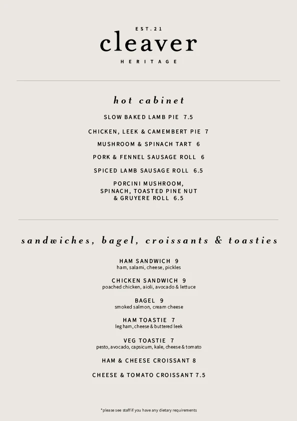 Menu, Cleaver Heritage Cafe
