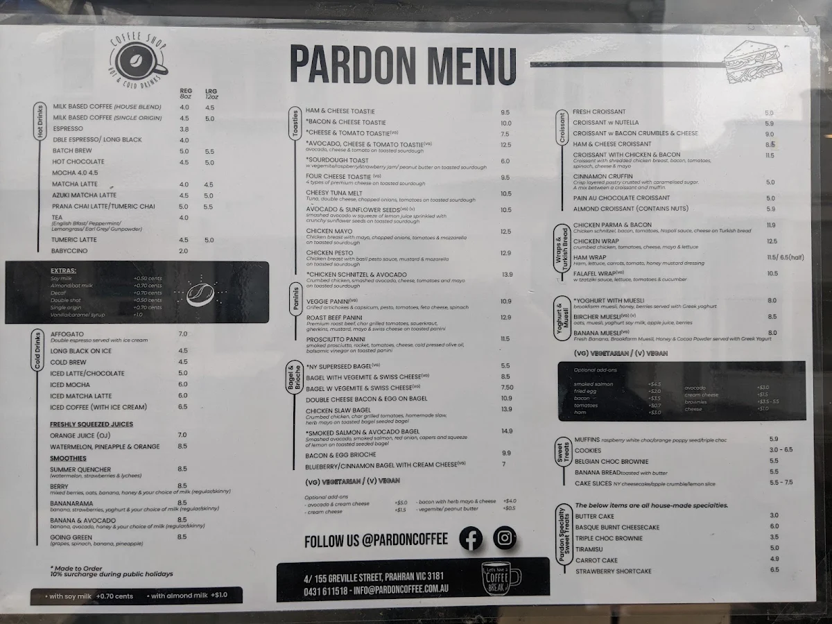 Menu, PARDON Coffee