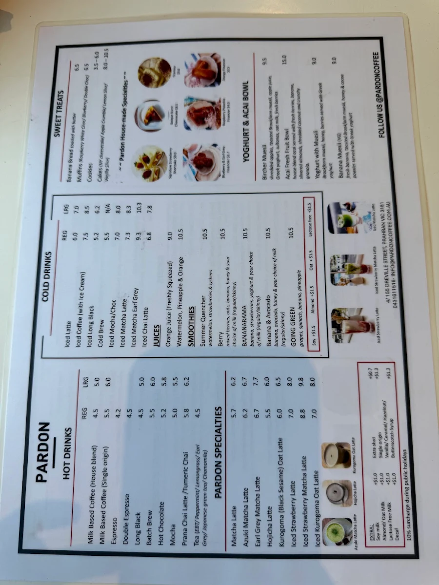 Menu, PARDON Coffee