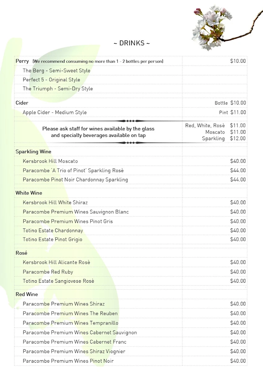 Menu, Paracombe Premium Perry