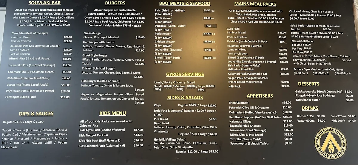 Menu, Molon Labe Souvlaki Bar