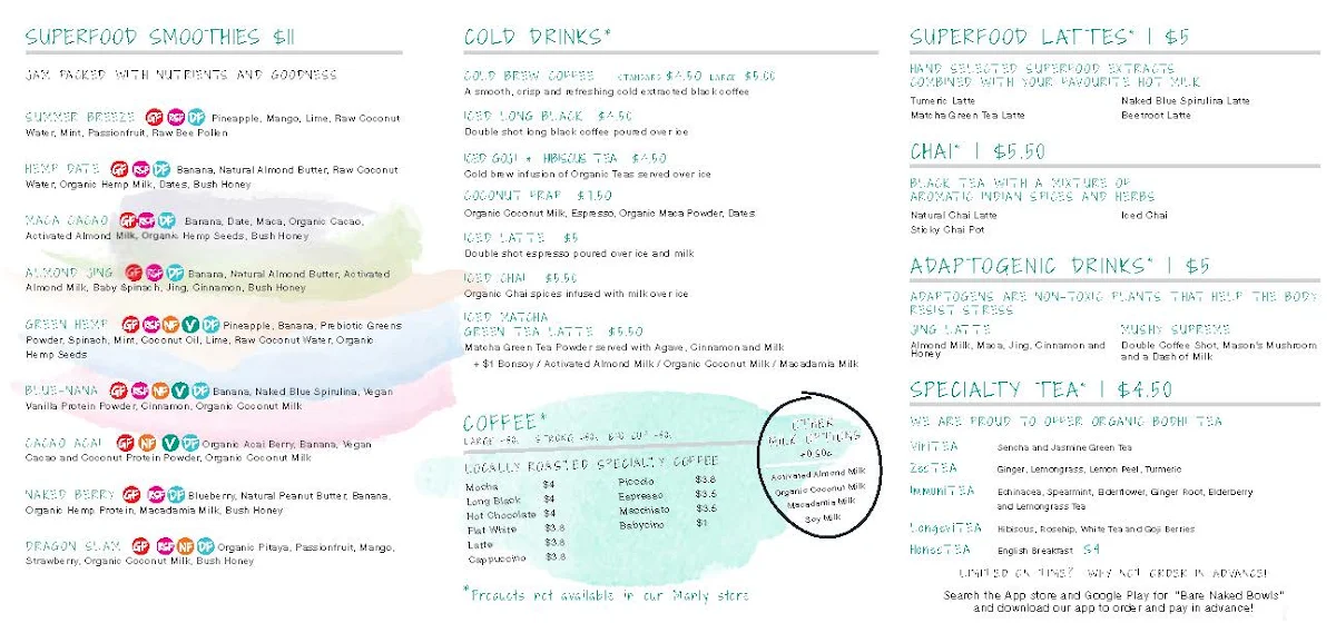 Menu, Bare Naked Bowls Dee Why