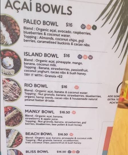 Menu, Bare Naked Bowls Dee Why
