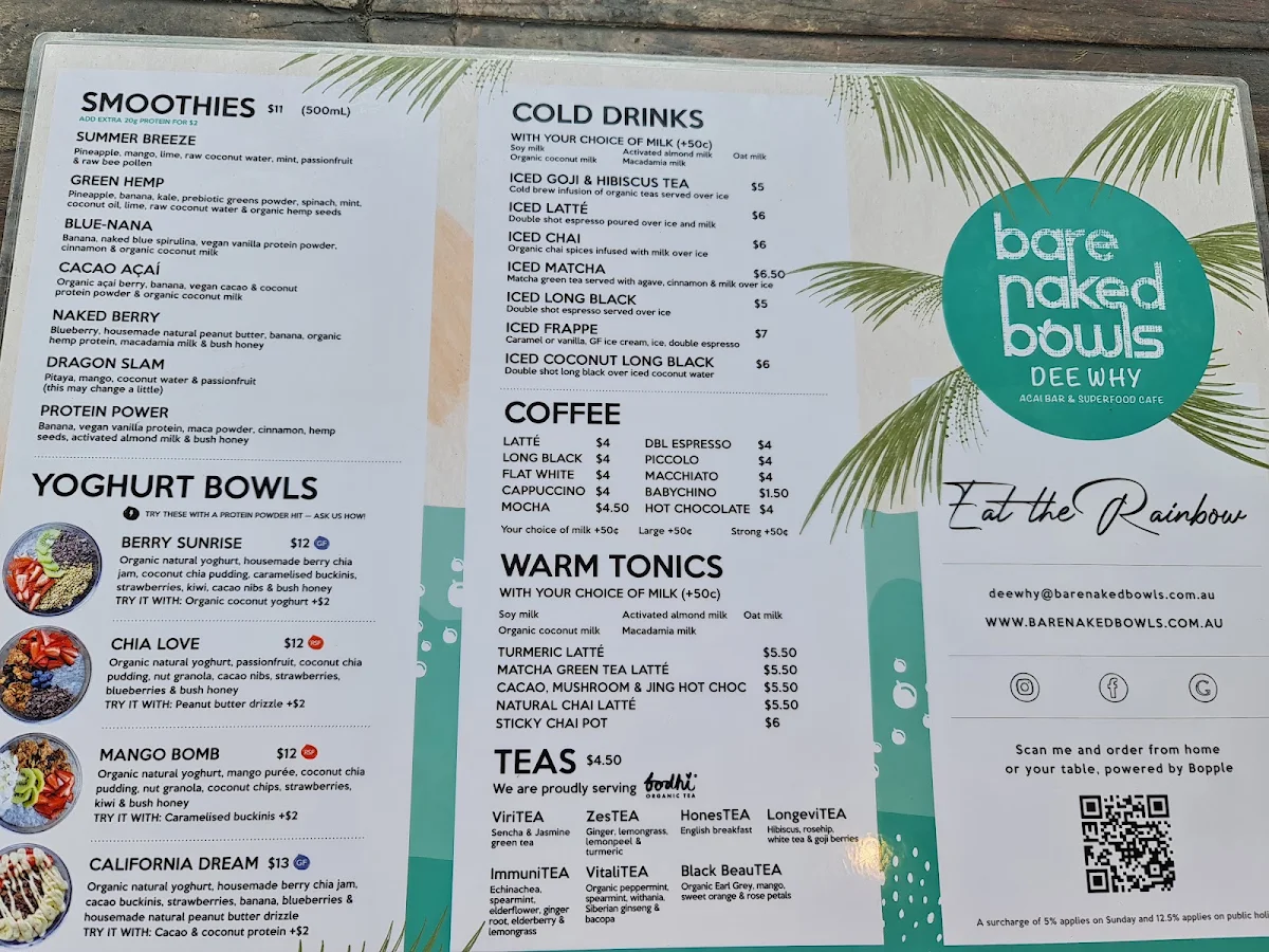 Menu, Bare Naked Bowls Dee Why