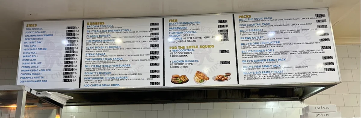 Menu, Billy The Squid Fish n Chips Camden