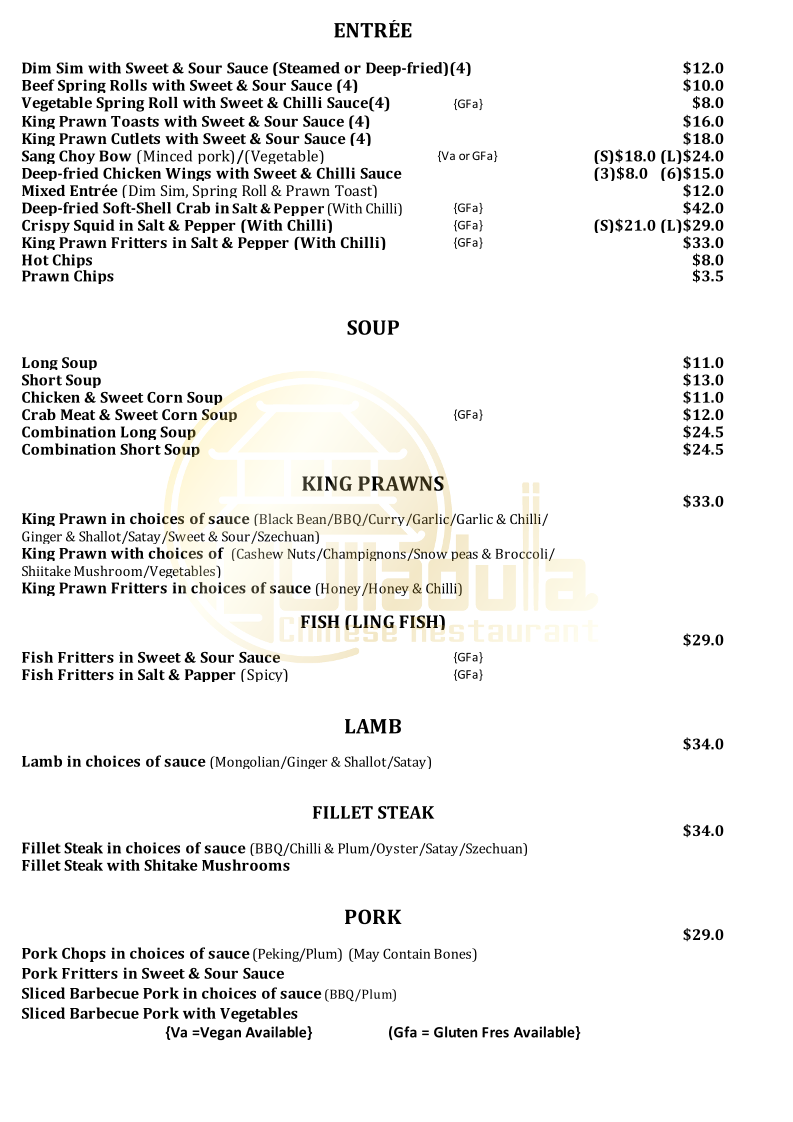 Menu, Ulladulla Chinese Restaurant