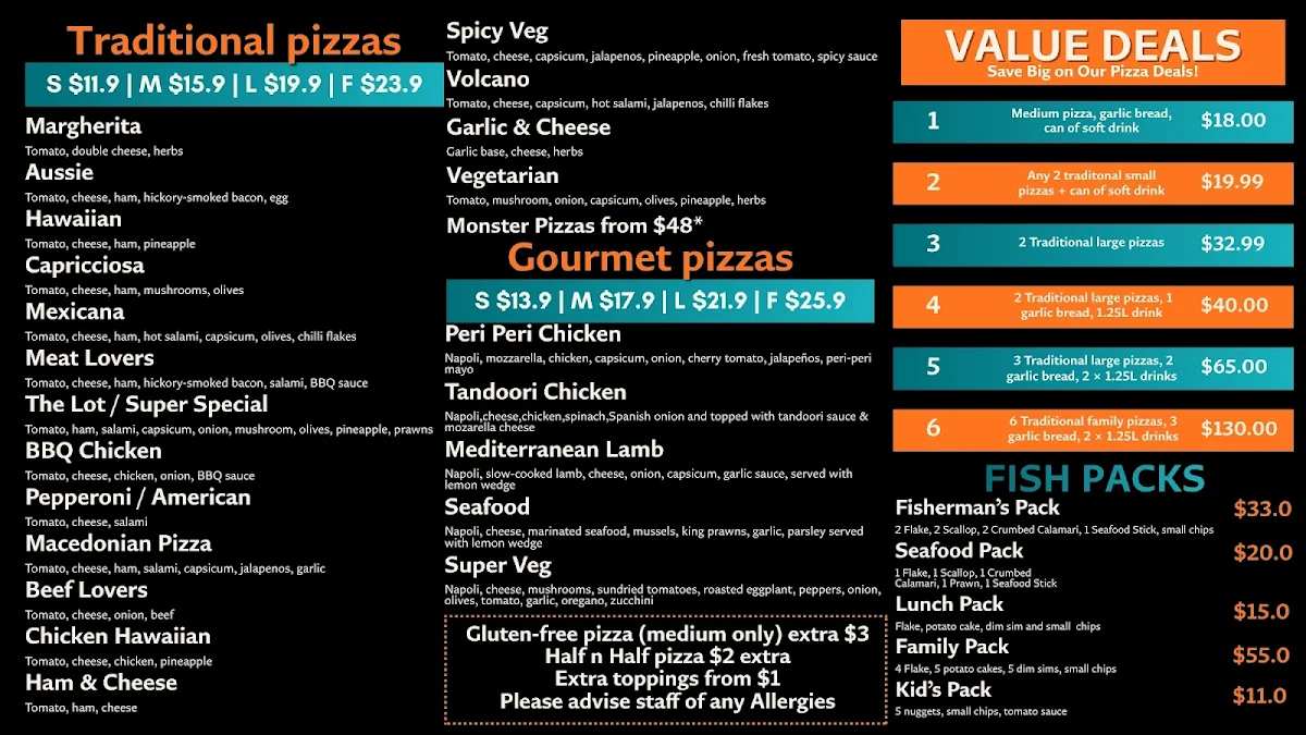 Menu, Mediterranean Pizza Fish N Chips
