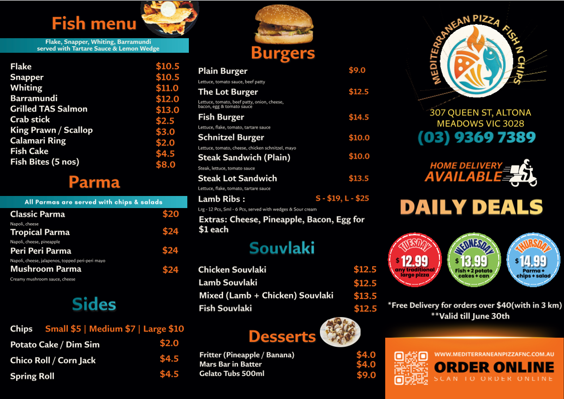 Menu, Mediterranean Pizza Fish N Chips