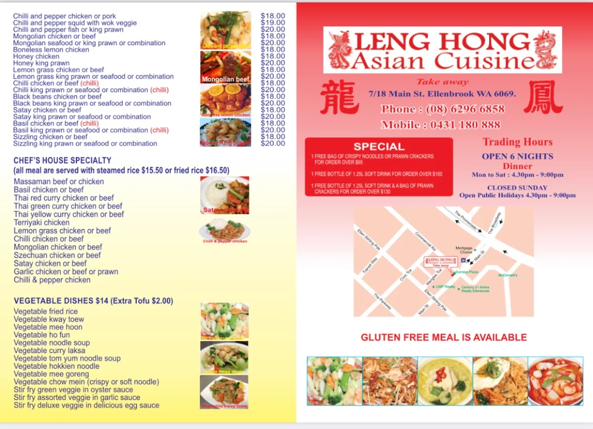 Menu, Leng Hong Asian Cuisine