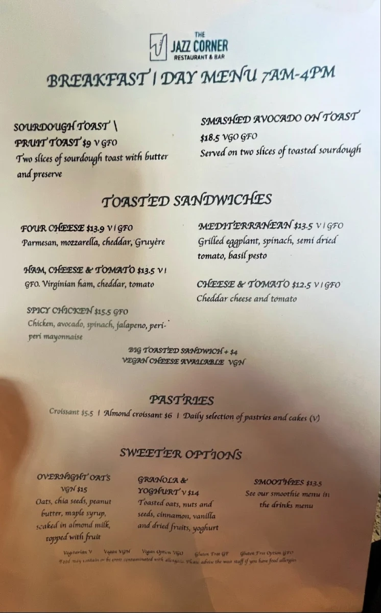 Menu, Jazz Corner Restaurant and Bar