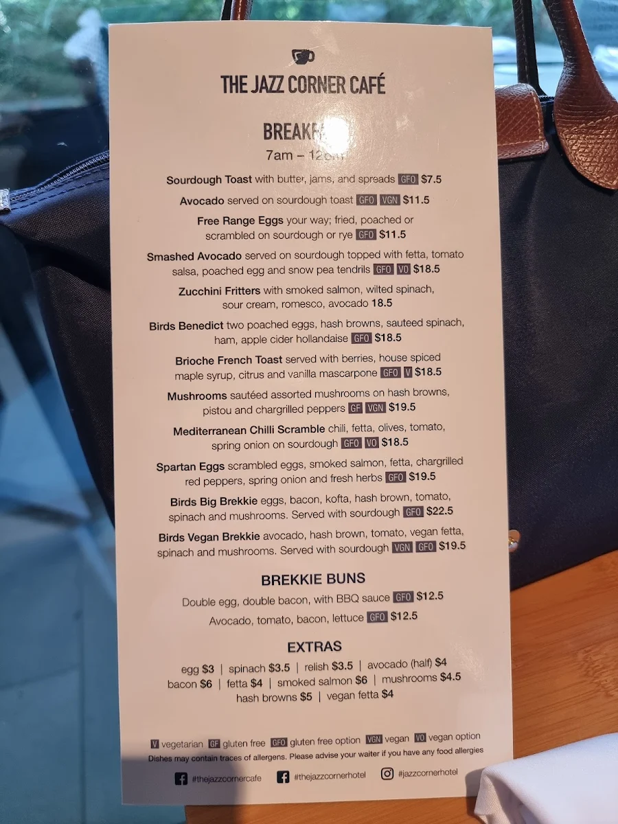 Menu, Jazz Corner Restaurant and Bar