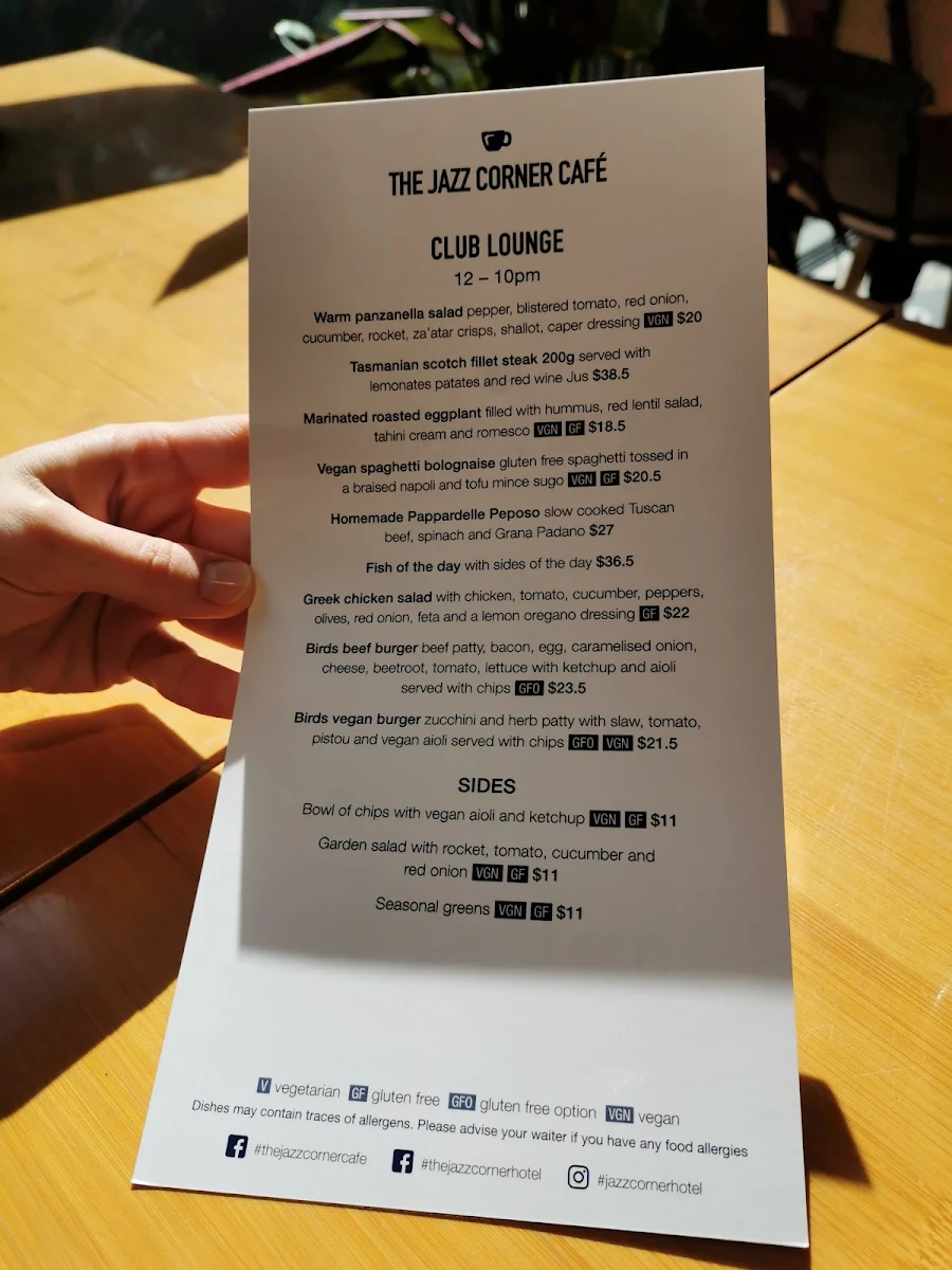 Menu, Jazz Corner Restaurant and Bar