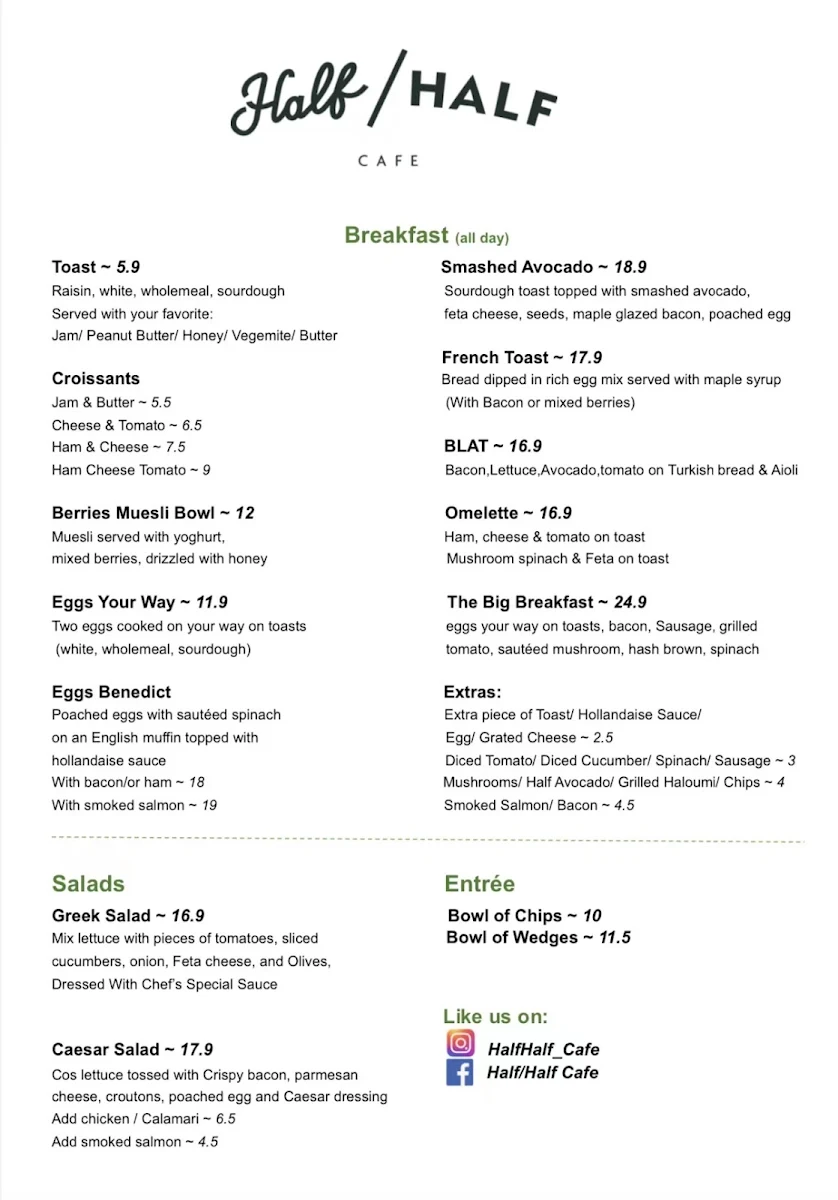 Menu, Half/Half Café