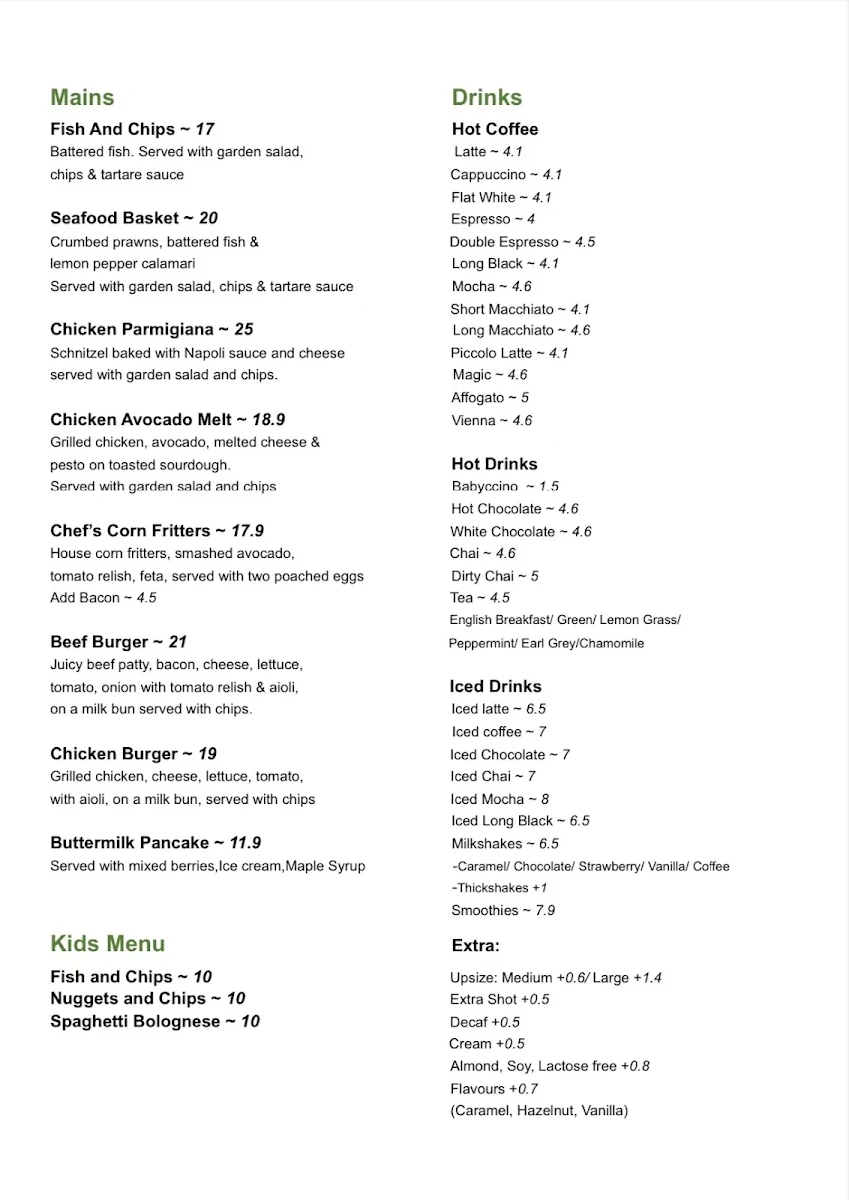 Menu, Half/Half Café