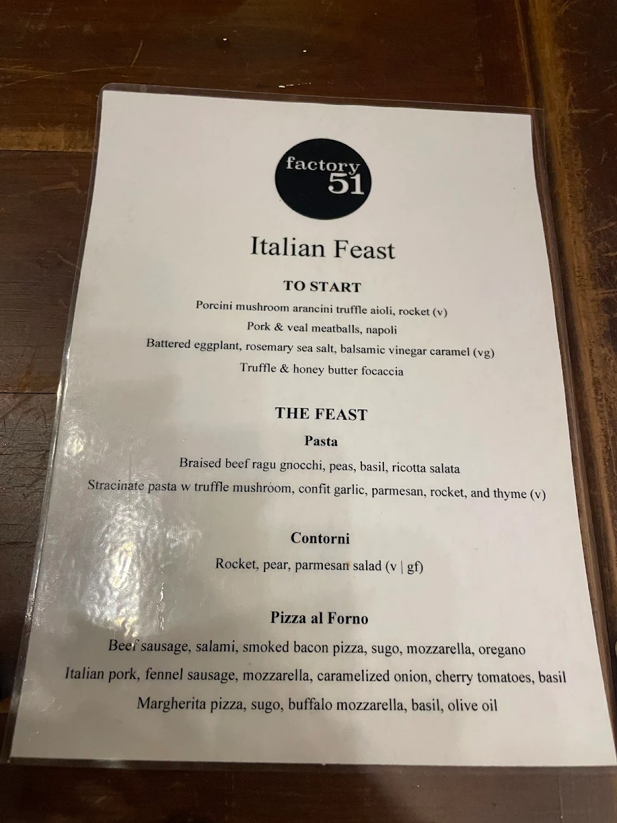 Menu, Factory 51 - Italian