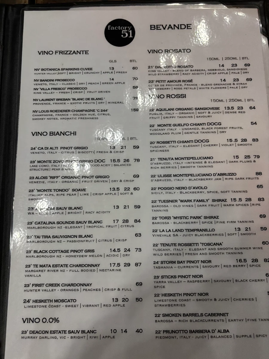 Menu, Factory 51 - Italian