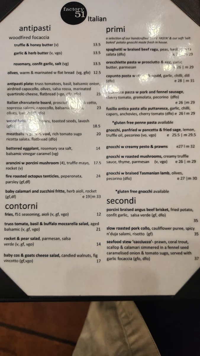 Menu, Factory 51 - Italian