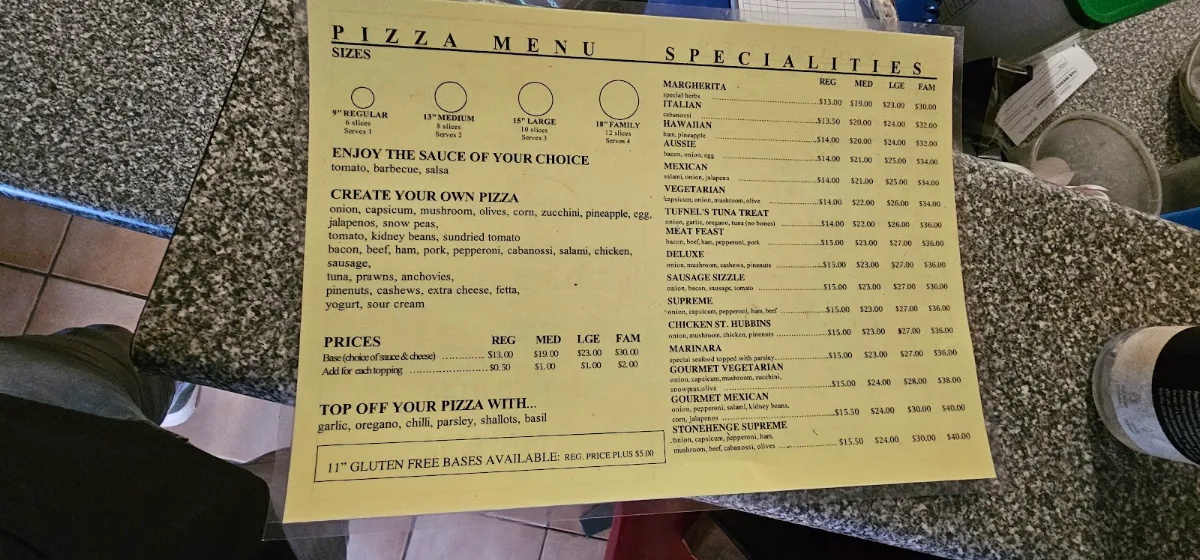 Menu, Stonehenge Pizza