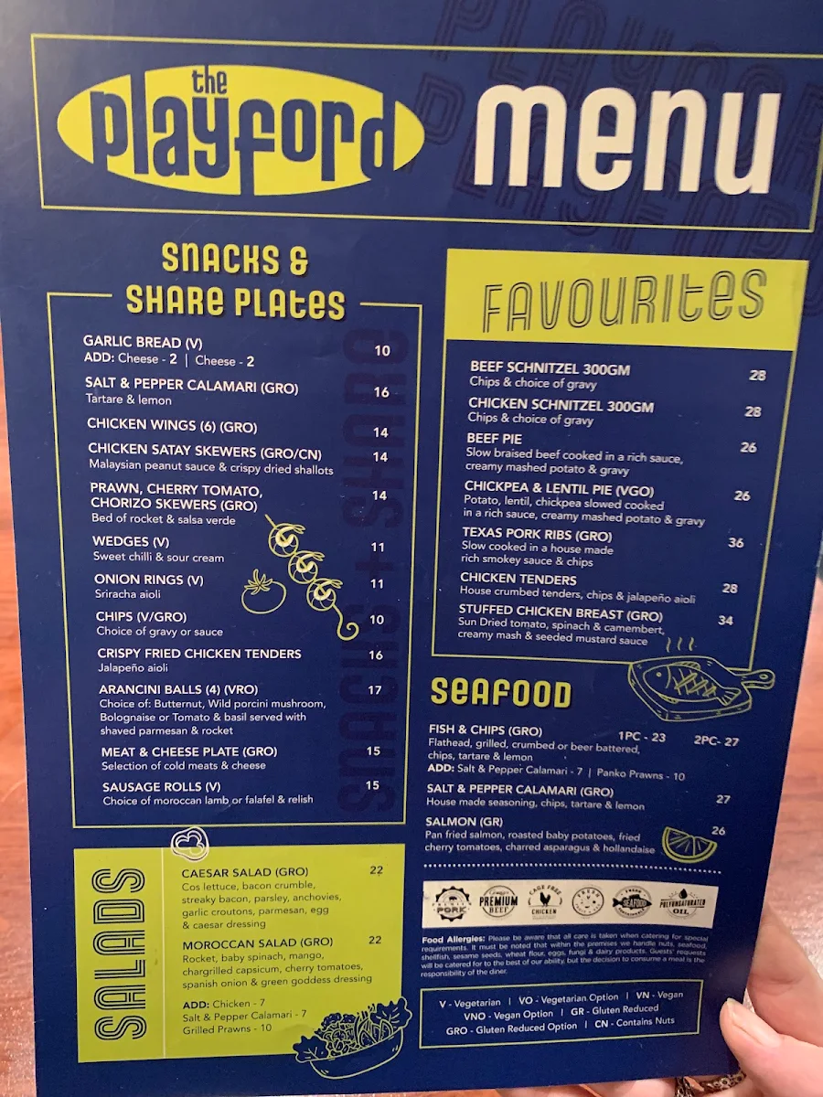 Menu, Playford Tavern