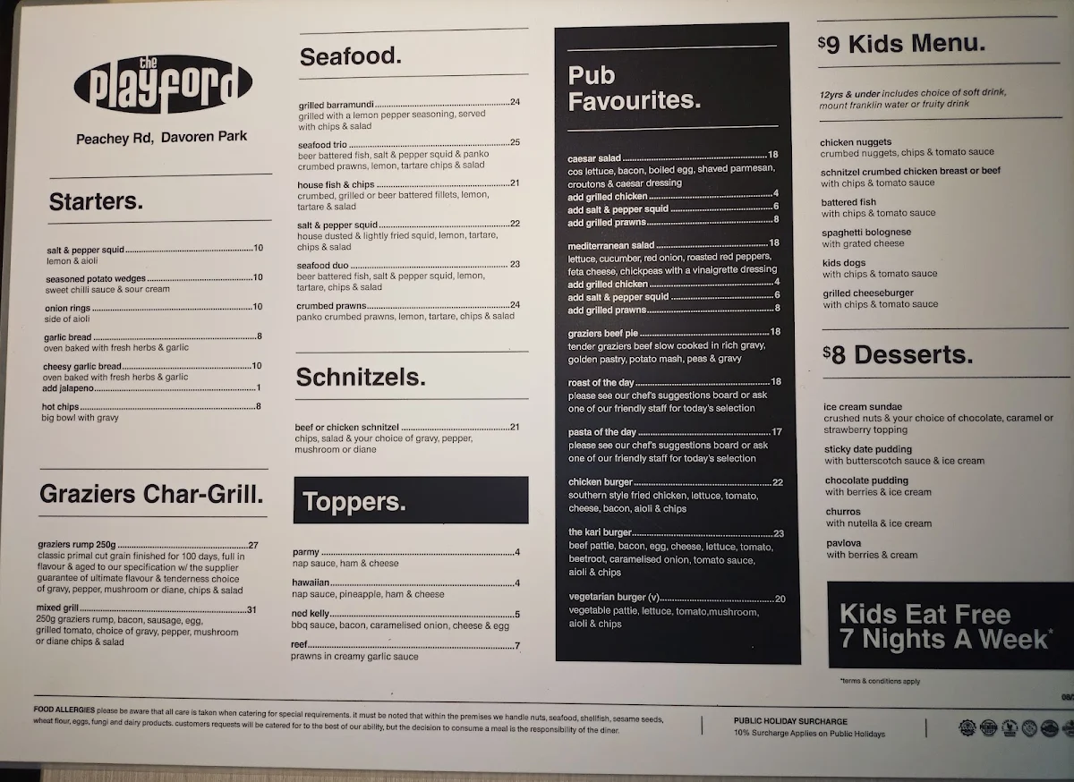 Menu, Playford Tavern