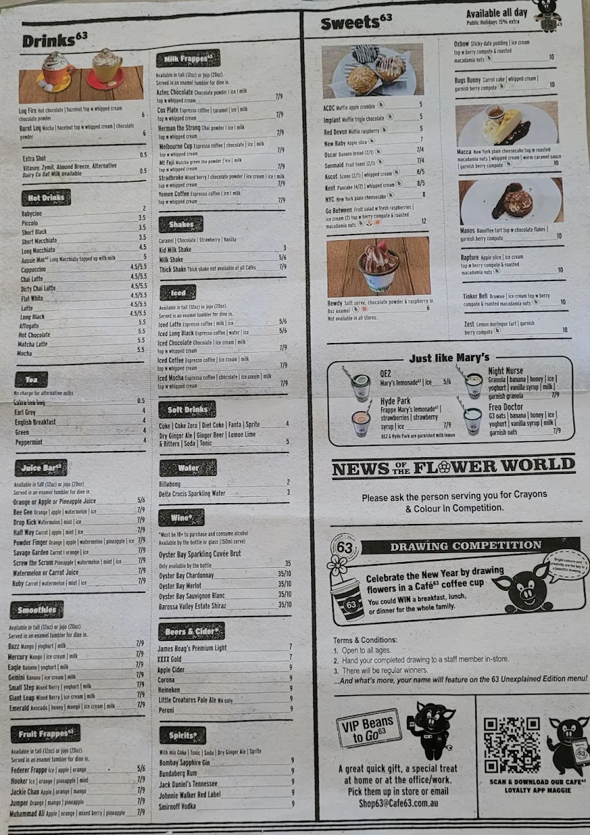 Menu, Cafe63 Yeppoon