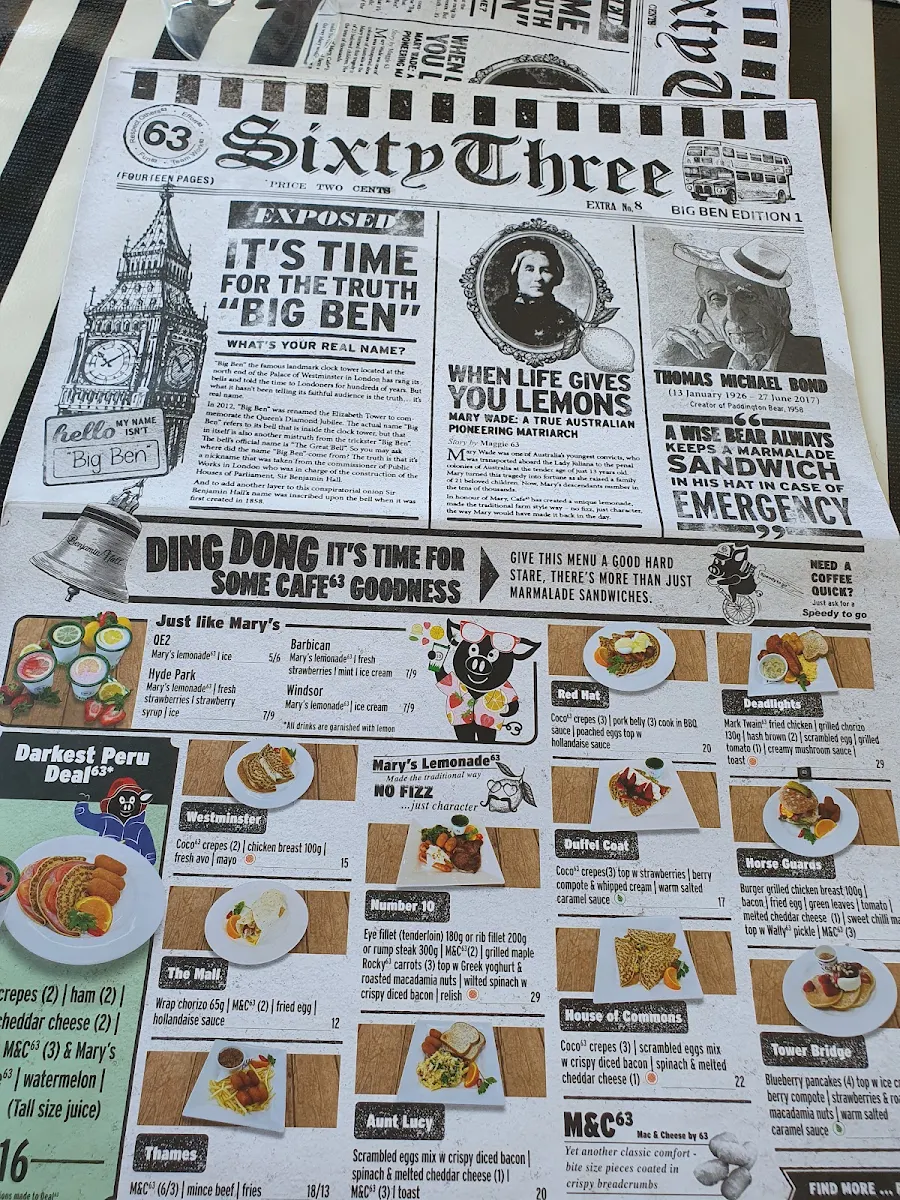 Menu, Cafe63 Yeppoon