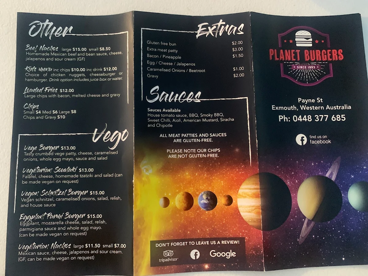 Menu, Planet Burgers Exmouth