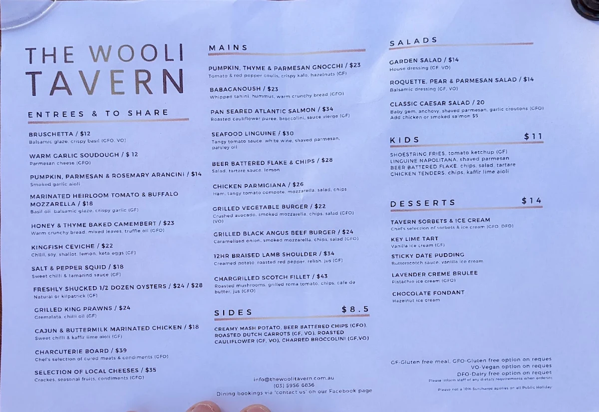 Menu, The Wooli Tavern