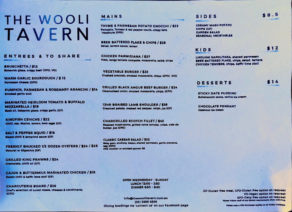 Menu, The Wooli Tavern