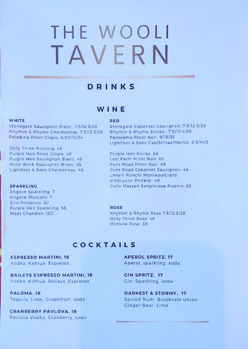 Menu, The Wooli Tavern