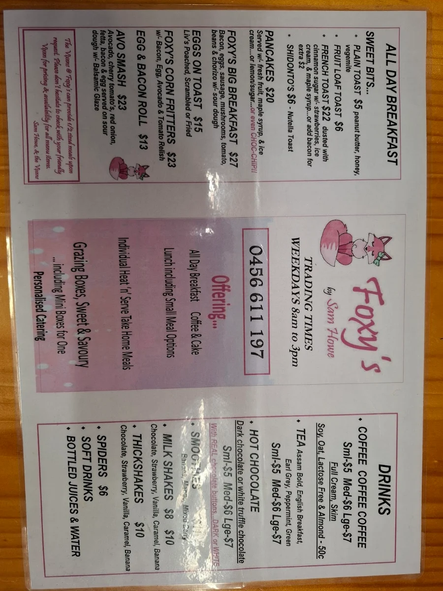 Menu, Foxys Cafe