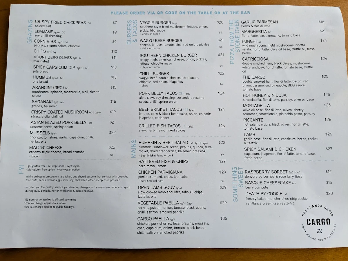Menu, Cargo Bar & Eatery