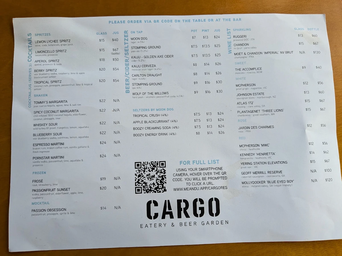 Menu, Cargo Bar & Eatery