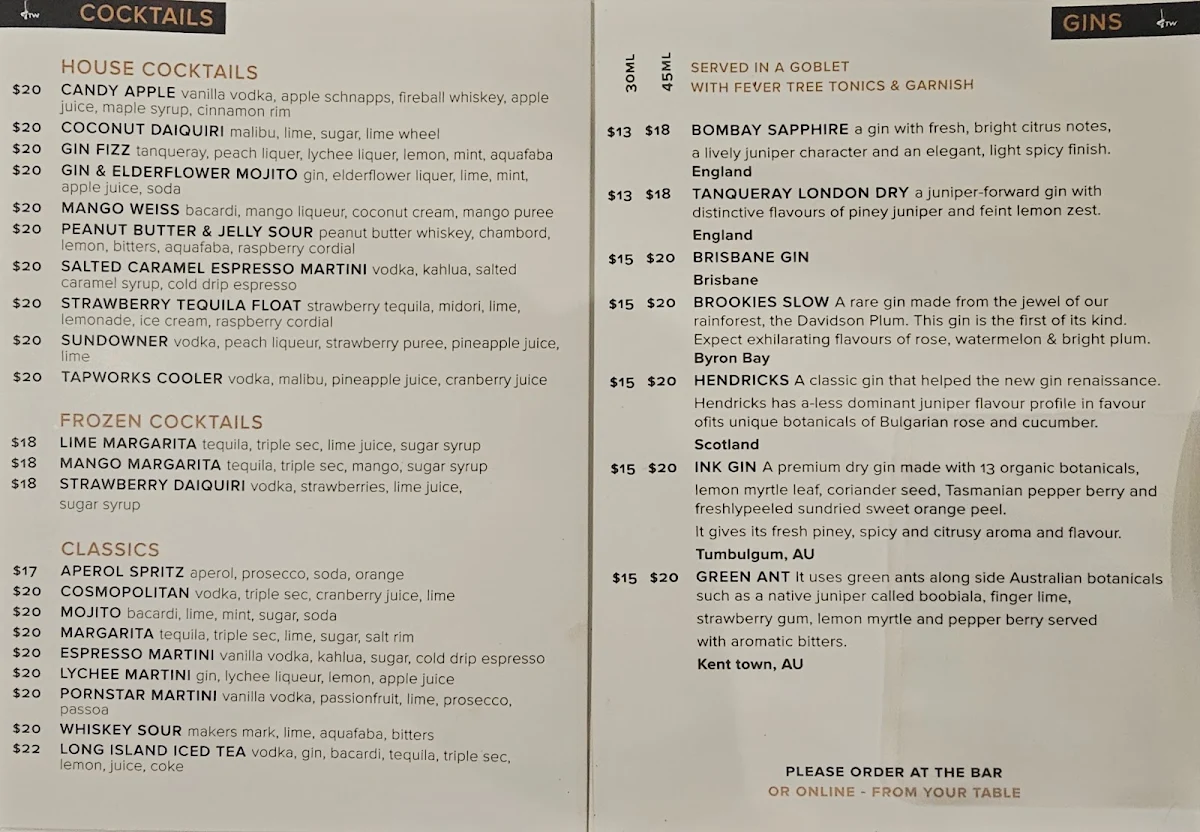 Menu, Tapworks Chermside