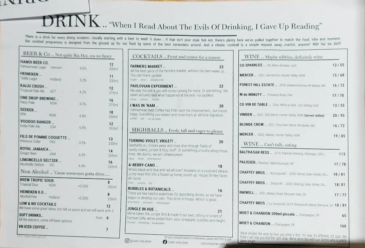 Menu, Cash Only Diner