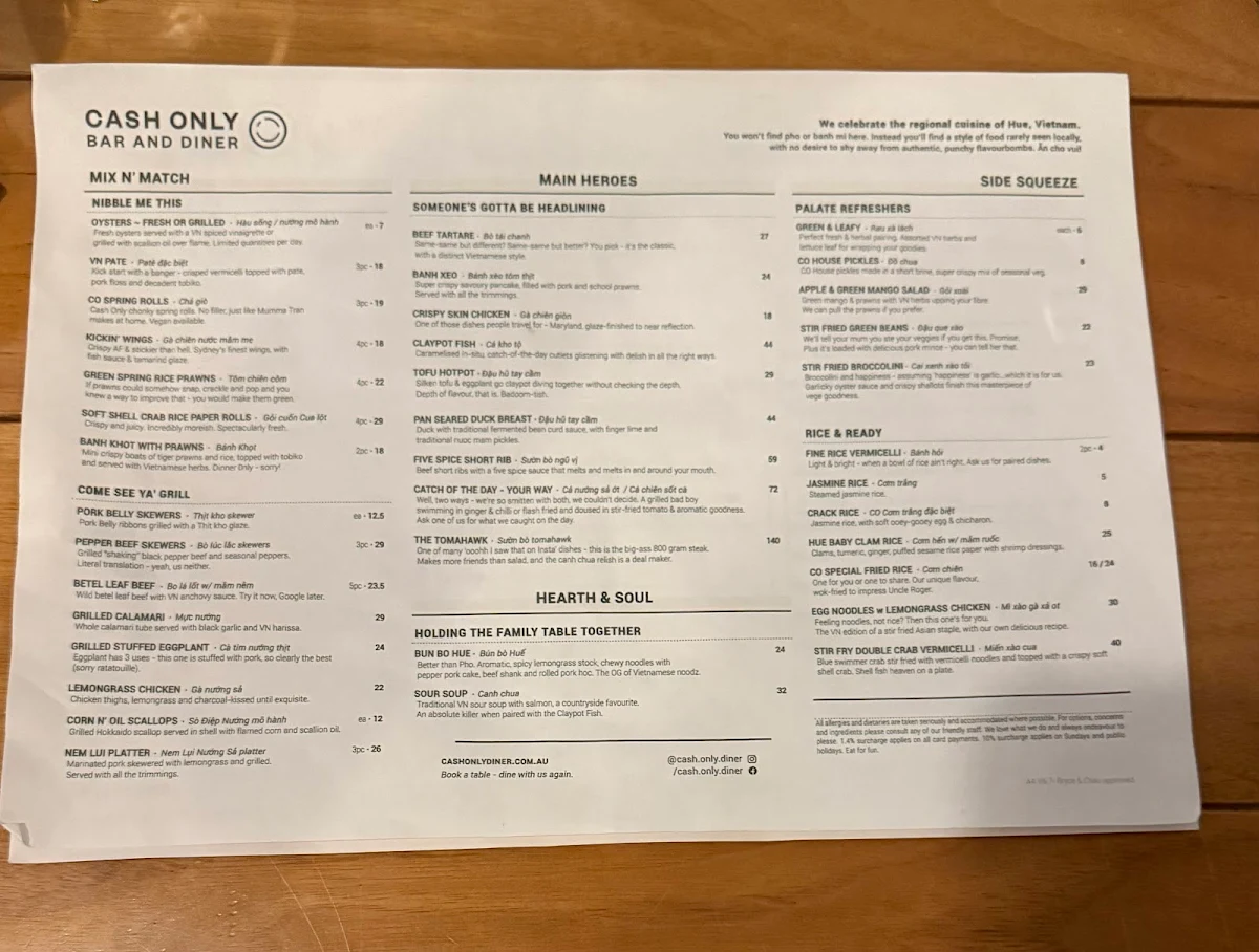 Menu, Cash Only Diner