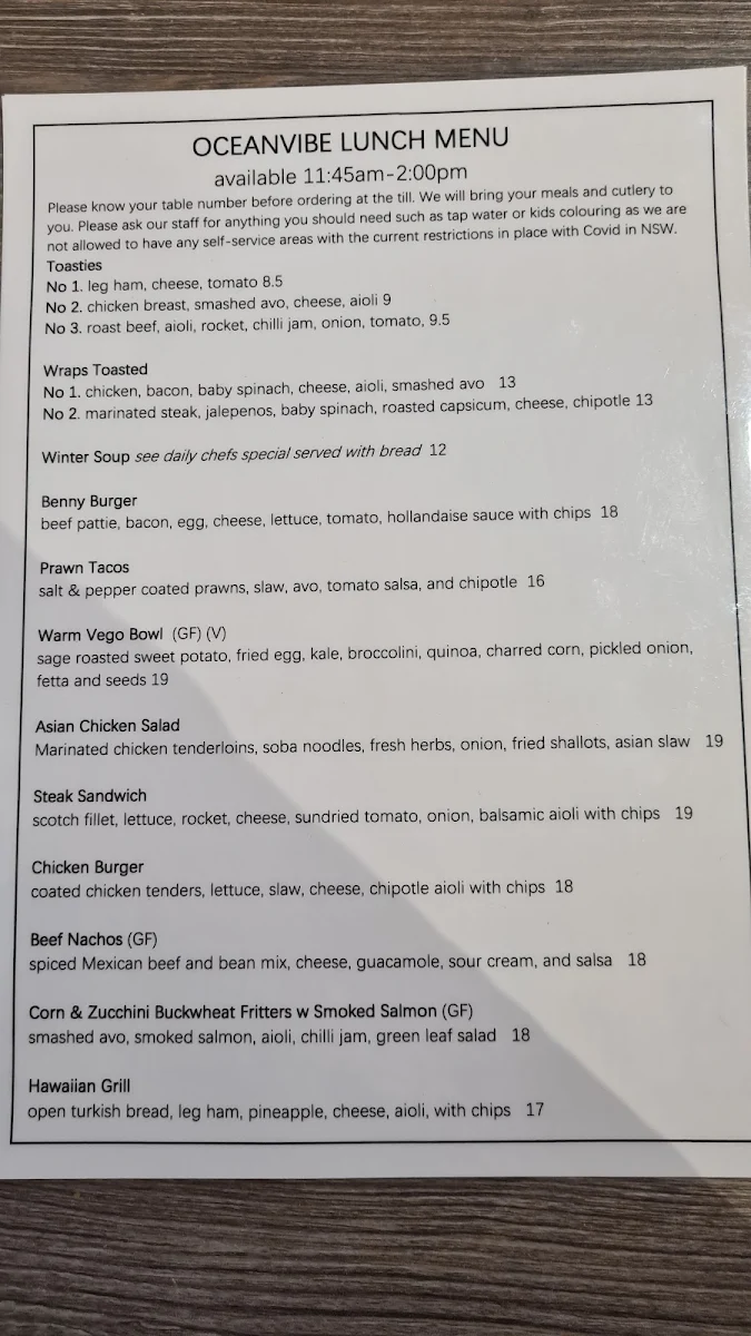 Menu, Oceanvibe Ulladulla