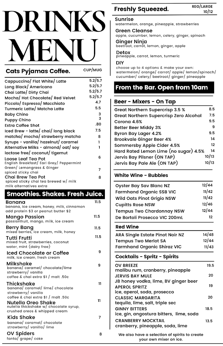 Menu, Oceanvibe Ulladulla