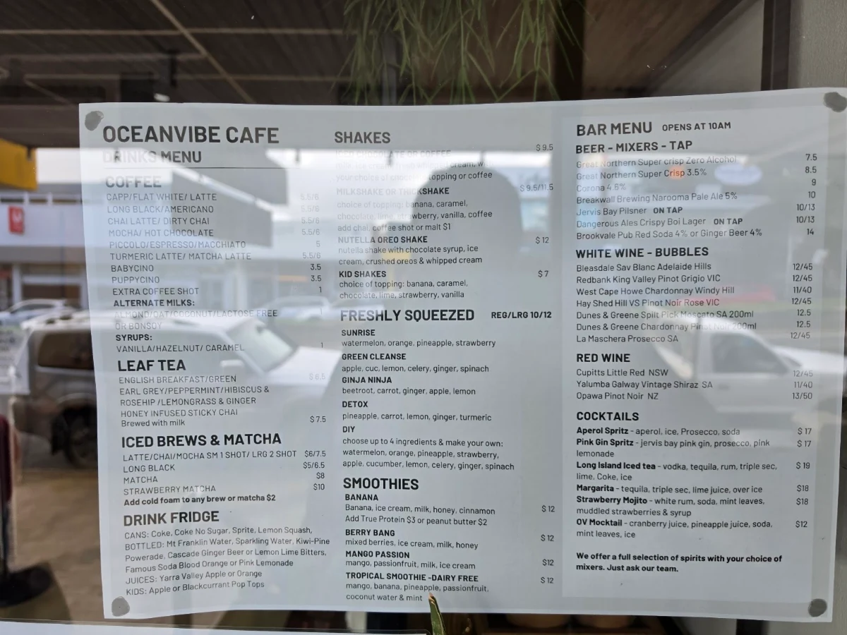 Menu, Oceanvibe Ulladulla