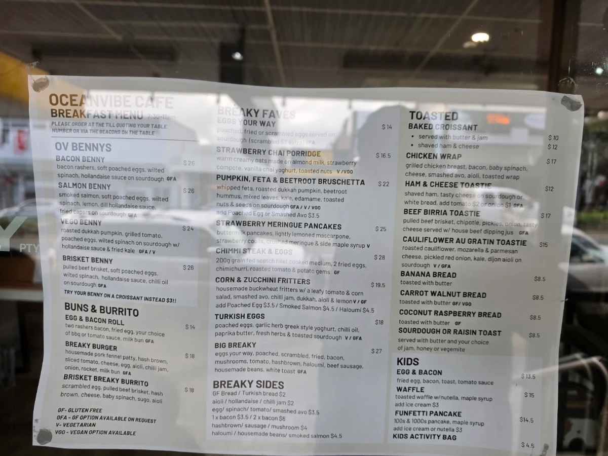 Menu, Oceanvibe Ulladulla