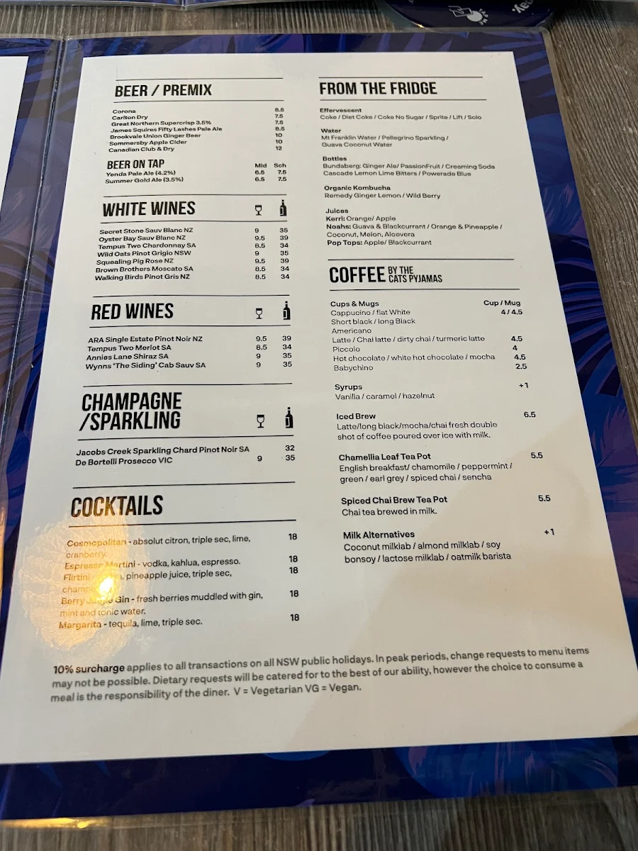 Menu, Oceanvibe Ulladulla