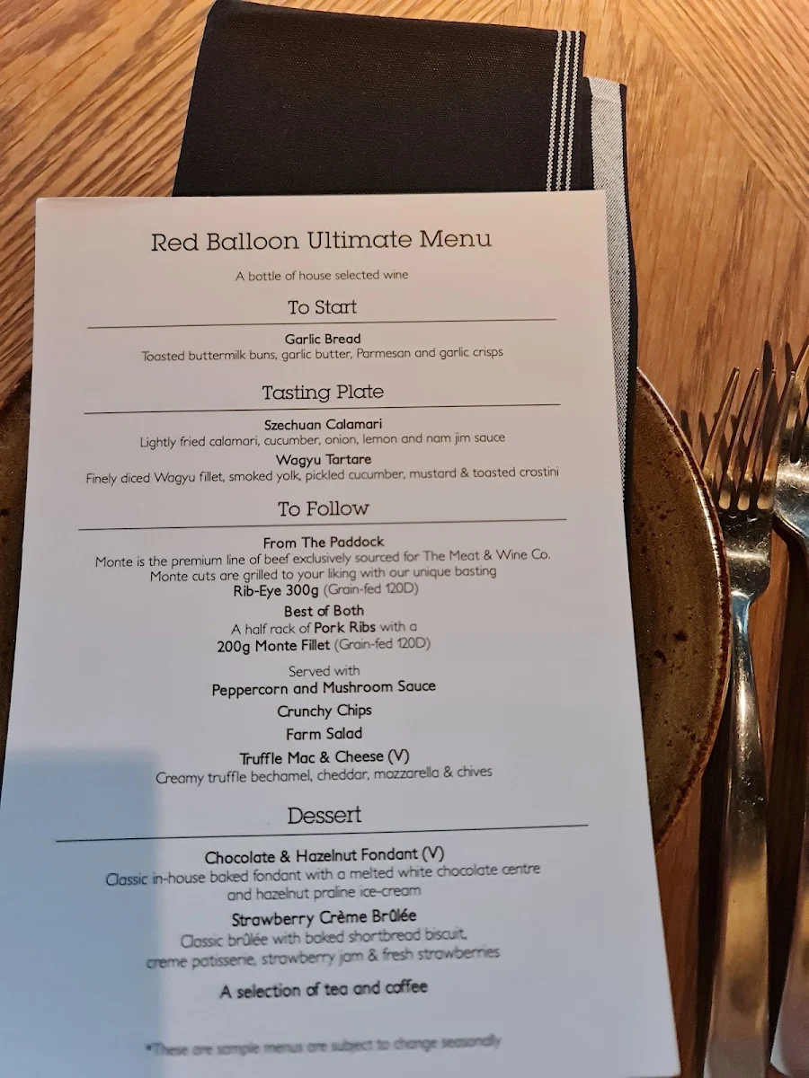 Menu, The Meat & Wine Co Parramatta
