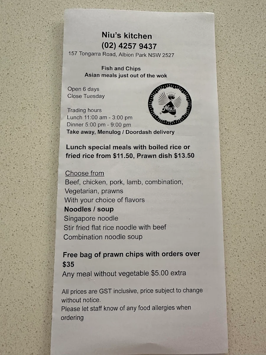 Menu, Niu's Kitchen