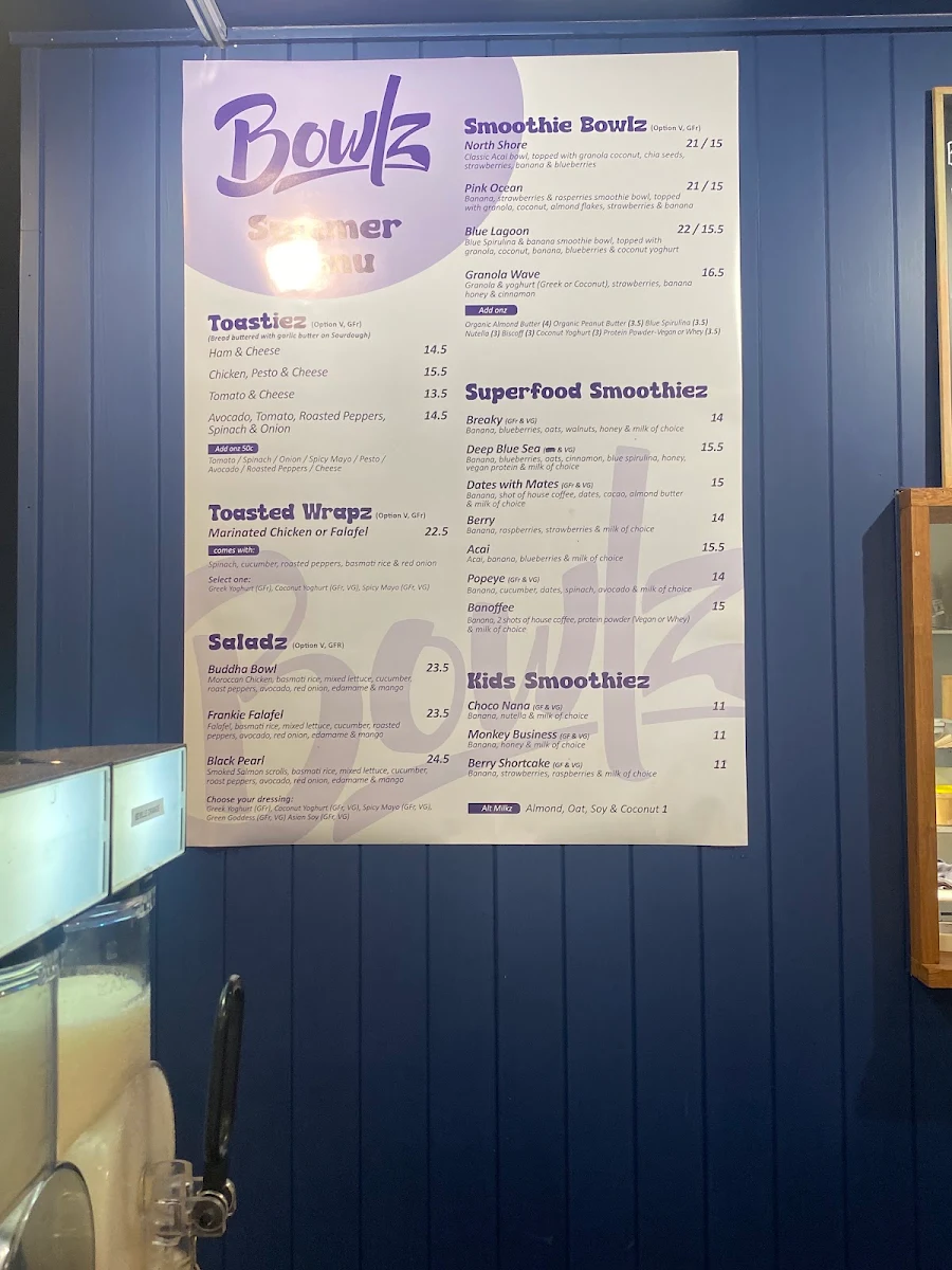Menu, Bowlz Barwon Heads