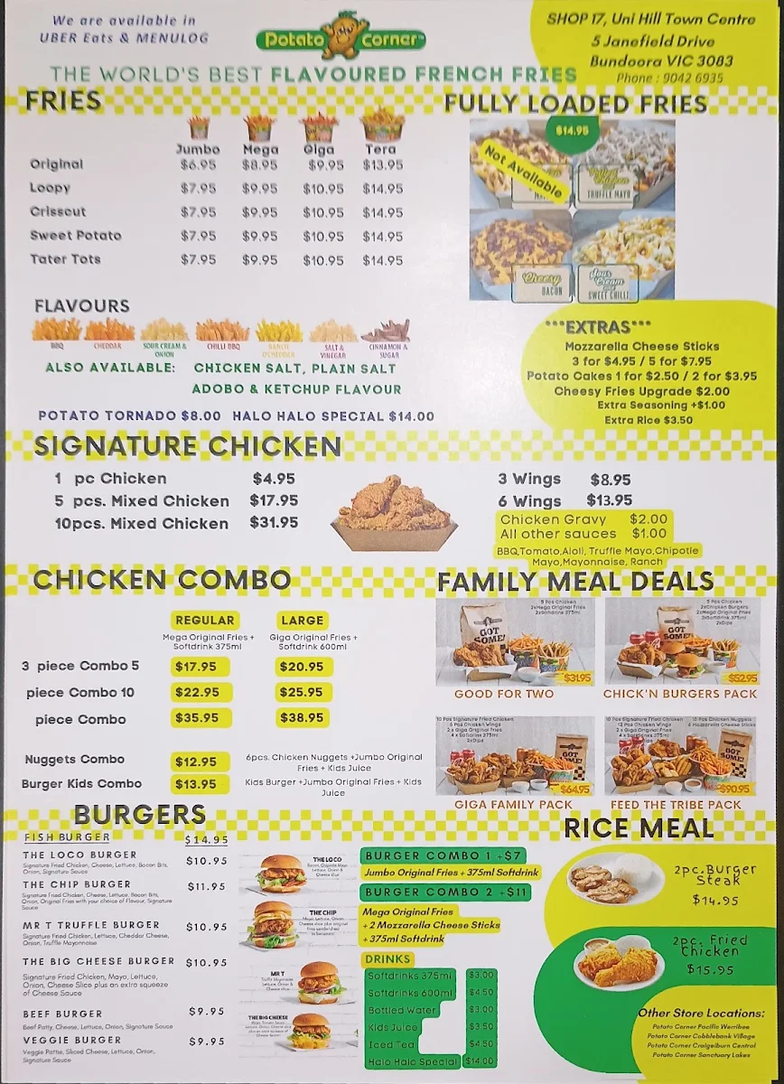 Menu, Pinoy Plates (formerly Potato Corner-Bundoora)