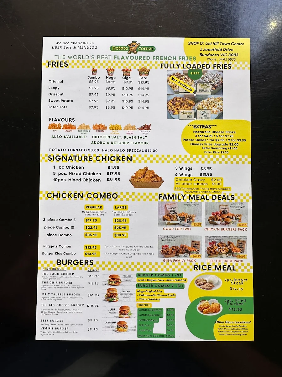 Menu, Pinoy Plates (formerly Potato Corner-Bundoora)