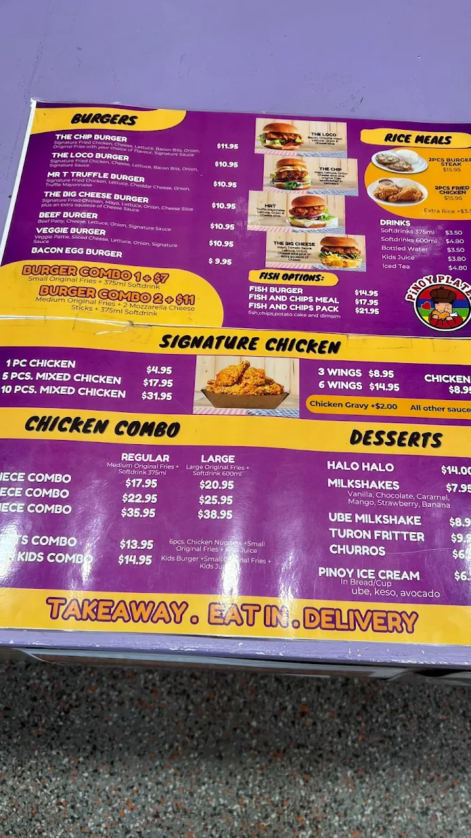 Menu, Pinoy Plates (formerly Potato Corner-Bundoora)