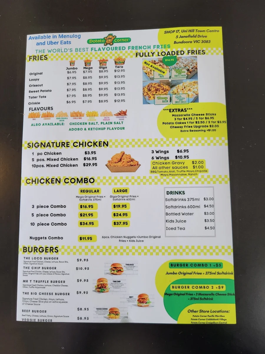 Menu, Pinoy Plates (formerly Potato Corner-Bundoora)