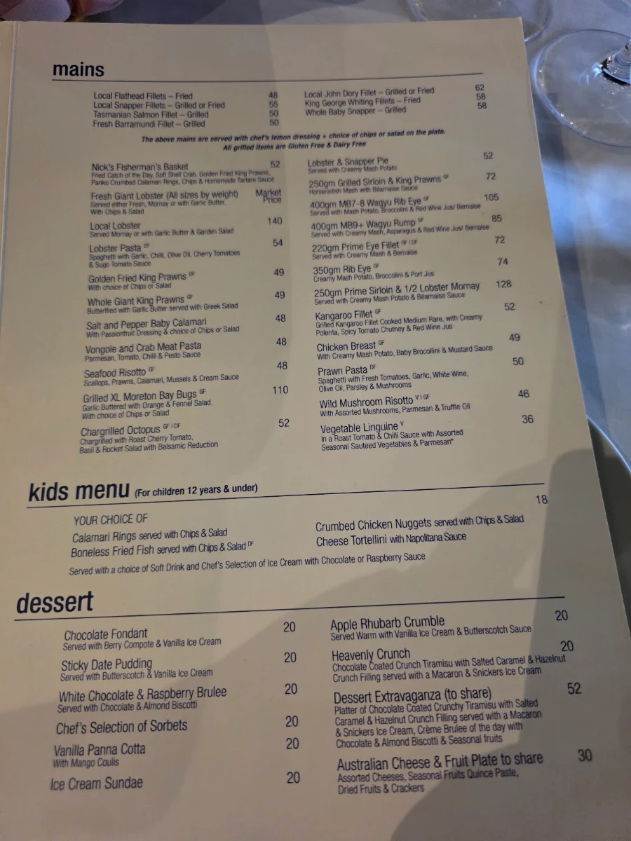 Menu, Nick's Seafood Restaurant