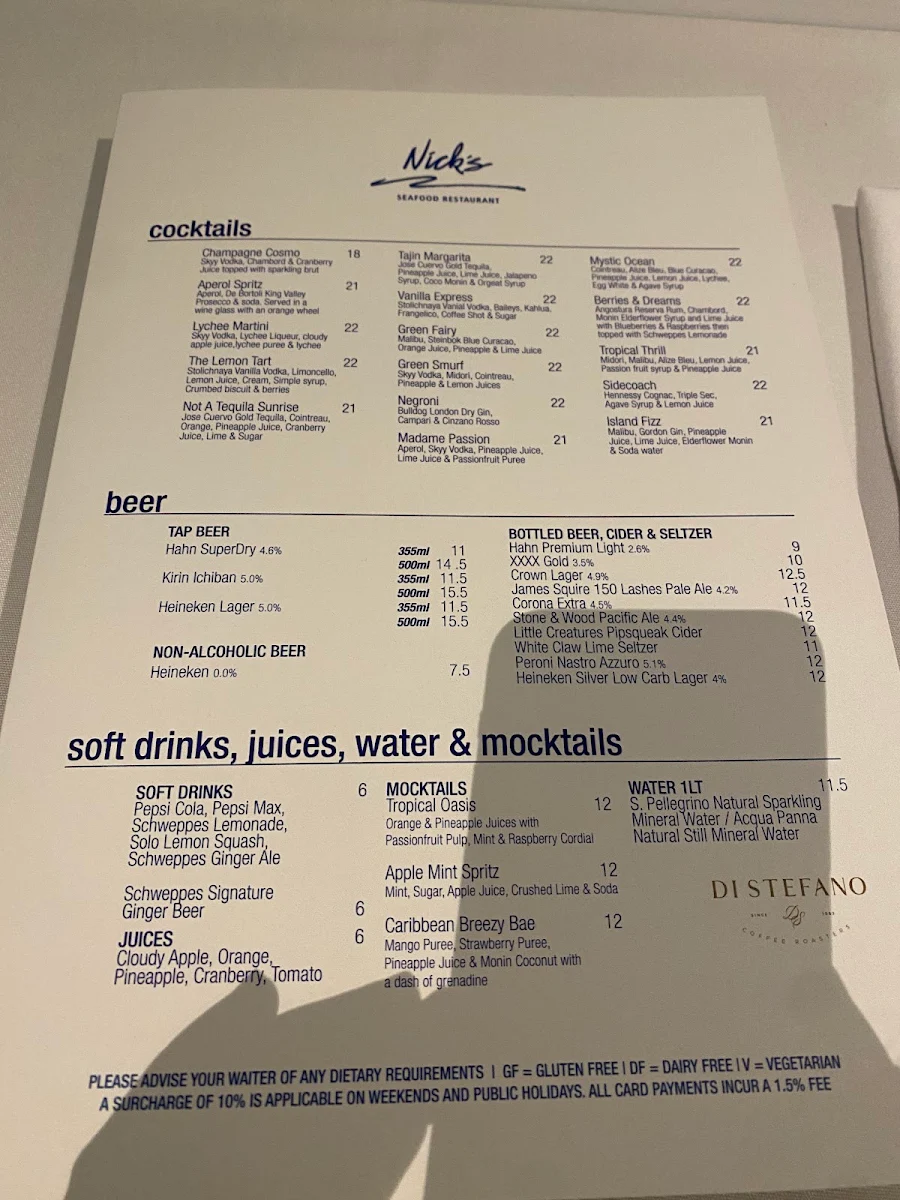 Menu, Nick's Seafood Restaurant